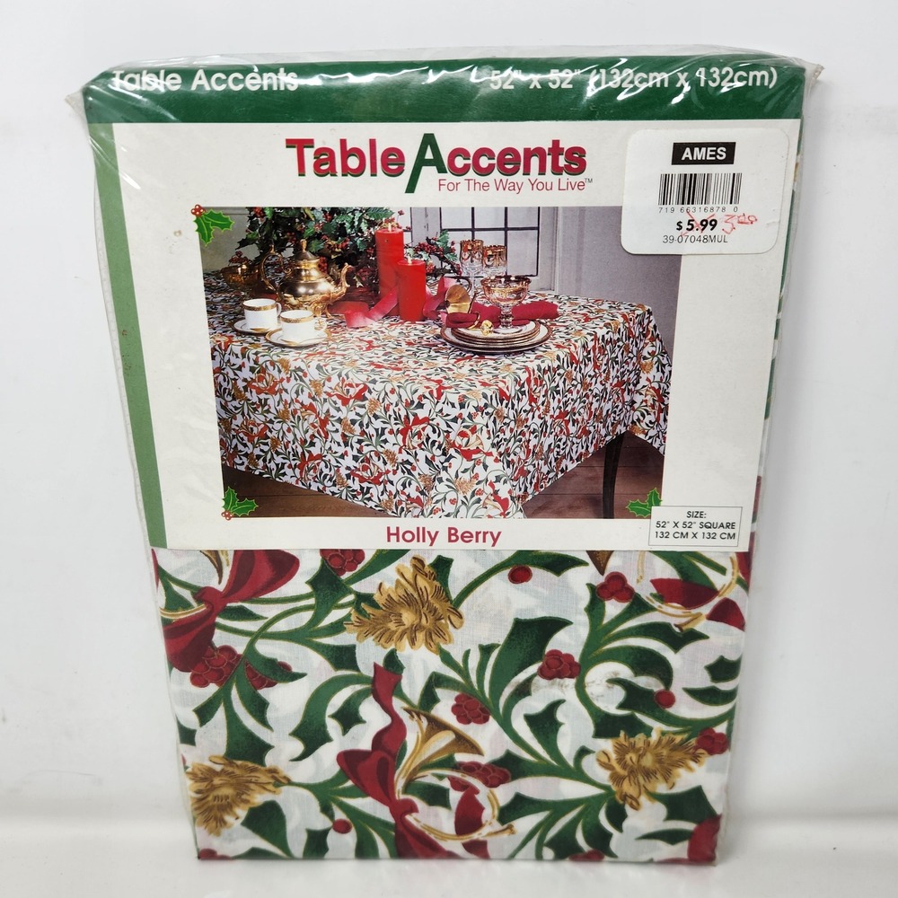 Table Accents Holly Berry Christmas Tablecloth 52x52 Square Holiday Decor NIP